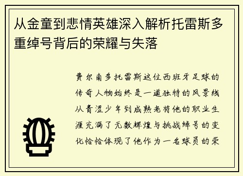 从金童到悲情英雄深入解析托雷斯多重绰号背后的荣耀与失落 从金童到悲情英雄深入解析托雷斯多重绰号背后的荣耀与失落