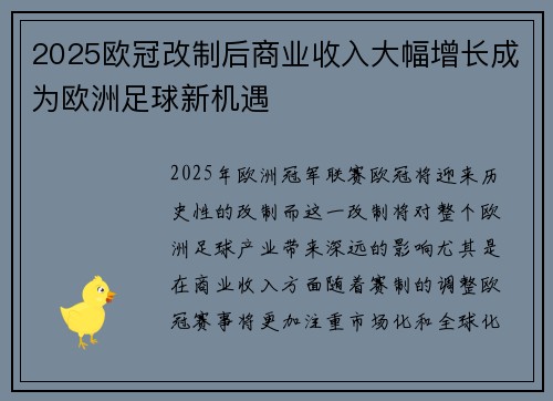 2025欧冠改制后商业收入大幅增长成为欧洲足球新机遇