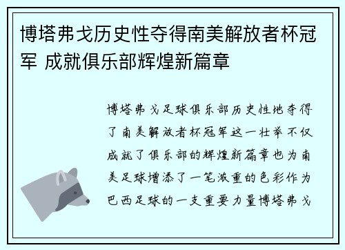 博塔弗戈历史性夺得南美解放者杯冠军 成就俱乐部辉煌新篇章