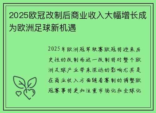 2025欧冠改制后商业收入大幅增长成为欧洲足球新机遇